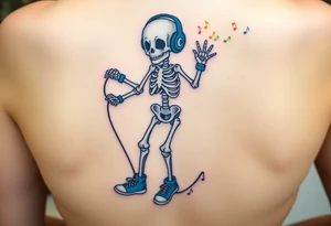 Cute skeleton jumping on a jump rope with blue headphone and blue tennis shoes and blue armbands with colorful music notes tattoo idea
