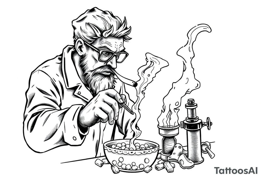 crazy mad scientist cooking drugs while smoking out of oil burner tattoo idea