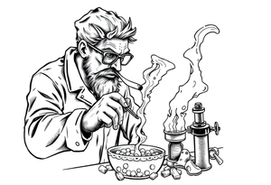 crazy mad scientist cooking drugs while smoking out of oil burner tattoo idea