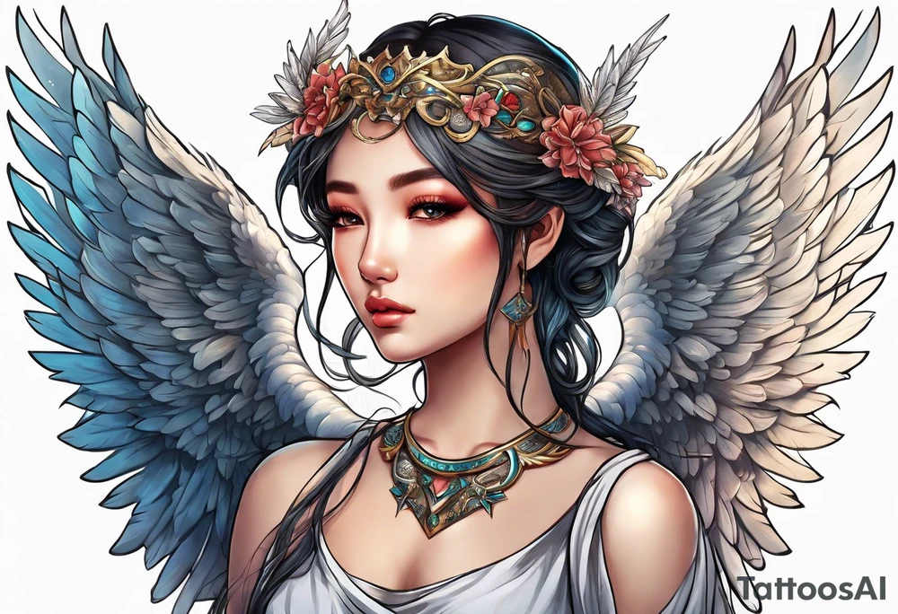 girl angel with wings and halo facing the right whispering tattoo idea