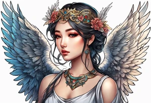 girl angel with wings and halo facing the right whispering tattoo idea