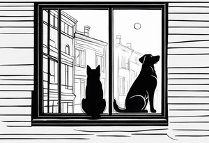 dog and cat looking out long window together tattoo idea