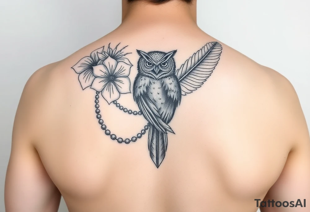 Flower, feather, Mardi Gras beads and a owl 
Arm sleeve tattoo idea