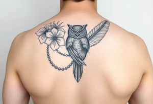 Flower, feather, Mardi Gras beads and a owl 
Arm sleeve tattoo idea