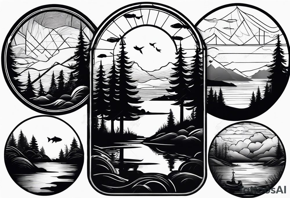 silhouette of landscape and fishingpole and line tattoo idea
