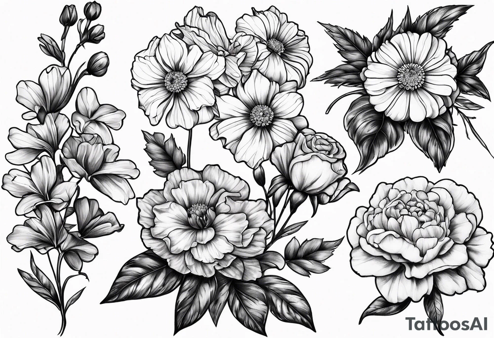 one larkspur, one carnation, one violet, one daisy and tied together with bow tattoo idea