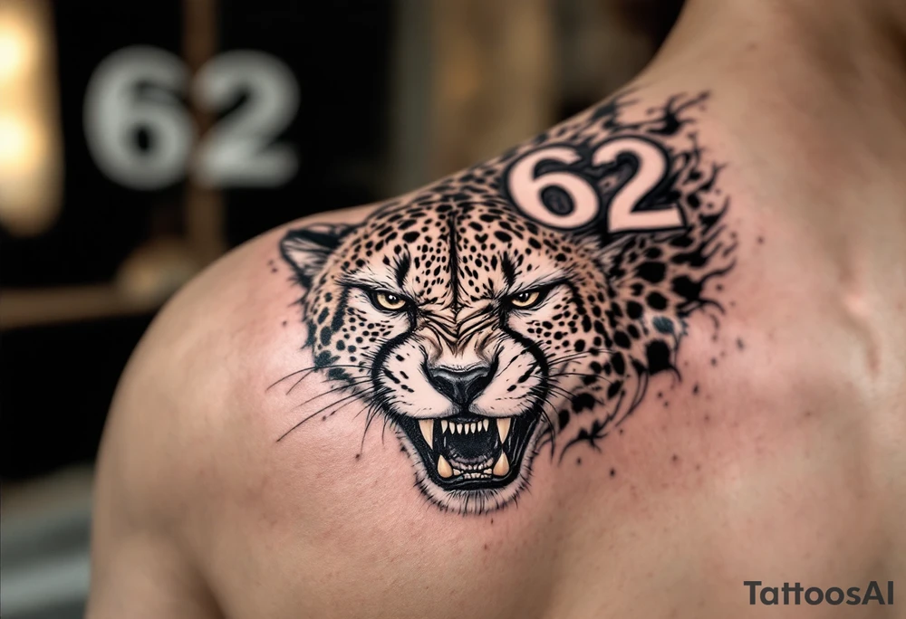 angry cheetah with the number 62 tattoo idea