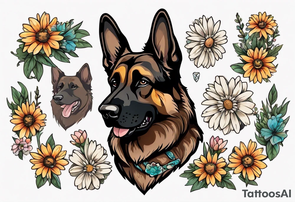 Dark Brown German shepherd portrait surrounded by  daisies brightly colored tattoo idea