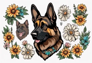 Dark Brown German shepherd portrait surrounded by  daisies brightly colored tattoo idea