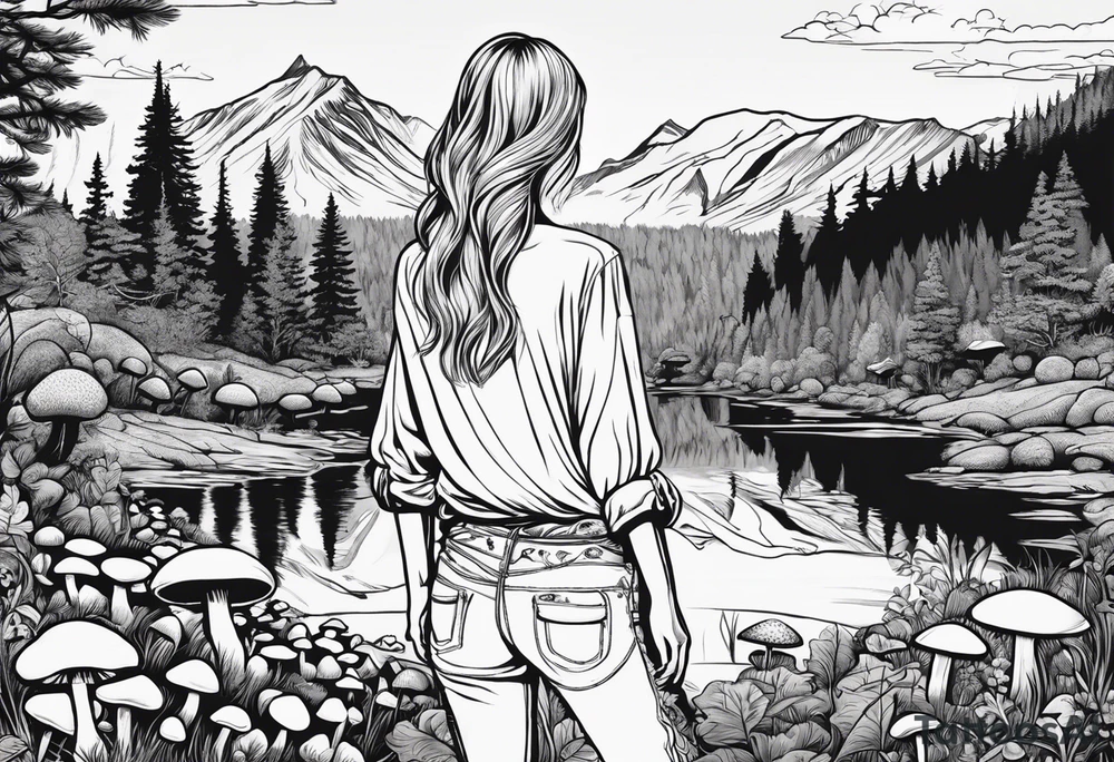 Whole picture encircled fully

Straight long blonde hair hippie girl in distance holding mushrooms in hand facing away toward mountains and creek surrounded by mushrooms long sleeve shirt and hiking pants; whole rendering within a full circle, no cut off circle tattoo idea