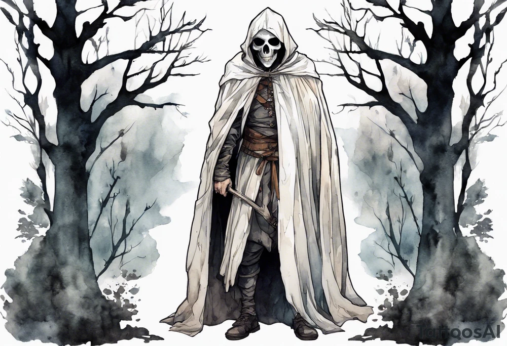 a medieval man in a white cloak wearing skull for a mask standing alone in a gloomy barren forest tattoo idea