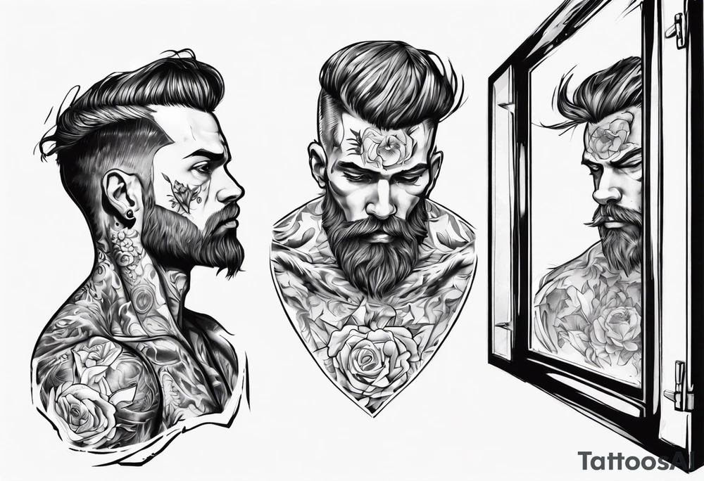 man looking into mirror, seeing his younger self tattoo idea