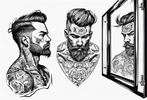 man looking into mirror, seeing his younger self tattoo idea
