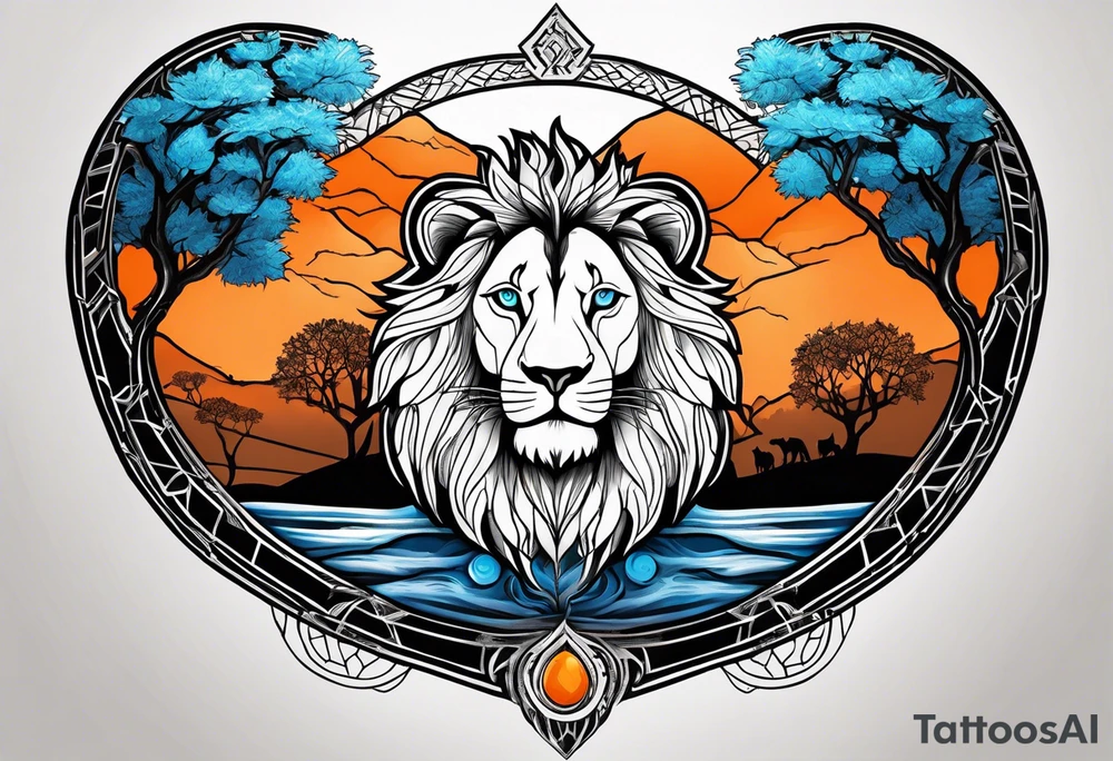 Lion tattoo with blue eyes, Orange tree of life with a stream leading to waterfall tattoo idea