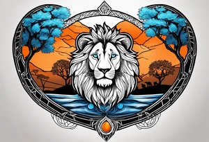 Lion tattoo with blue eyes, Orange tree of life with a stream leading to waterfall tattoo idea