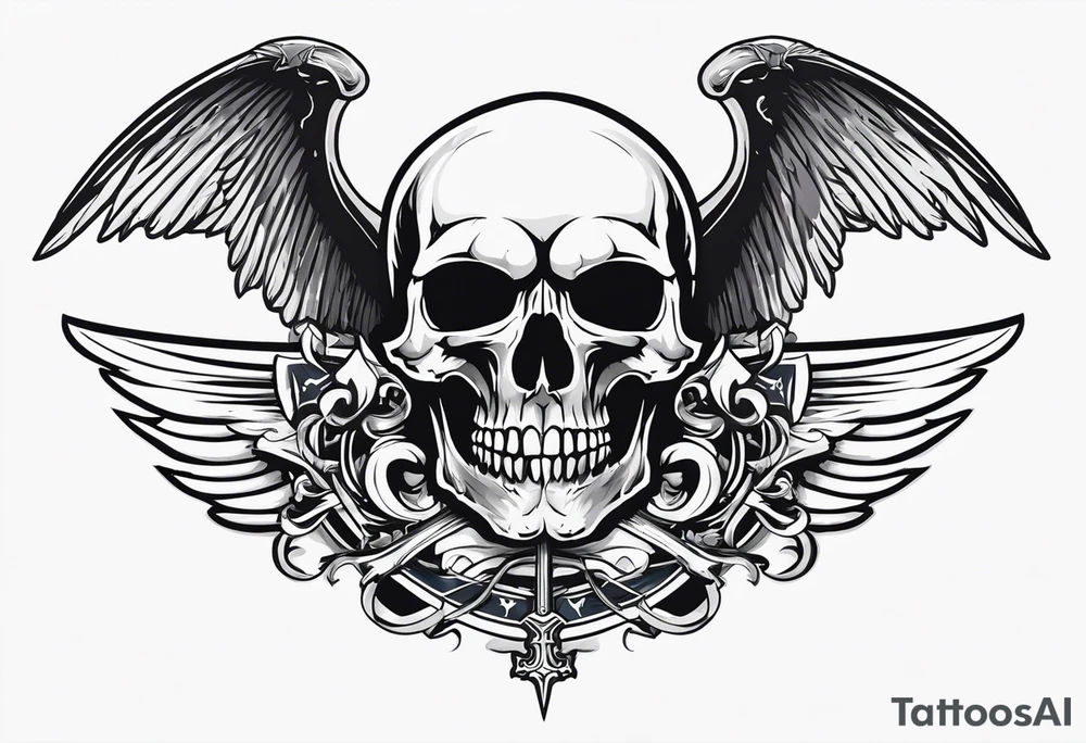 In the center is a half skull pierced by a large sword. On either side of the skull, there are spread angel wings, Beneath the skull is a ribbon weaves through both the skull and the sword tattoo idea