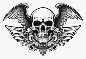 In the center is a half skull pierced by a large sword. On either side of the skull, there are spread angel wings, Beneath the skull is a ribbon weaves through both the skull and the sword tattoo idea