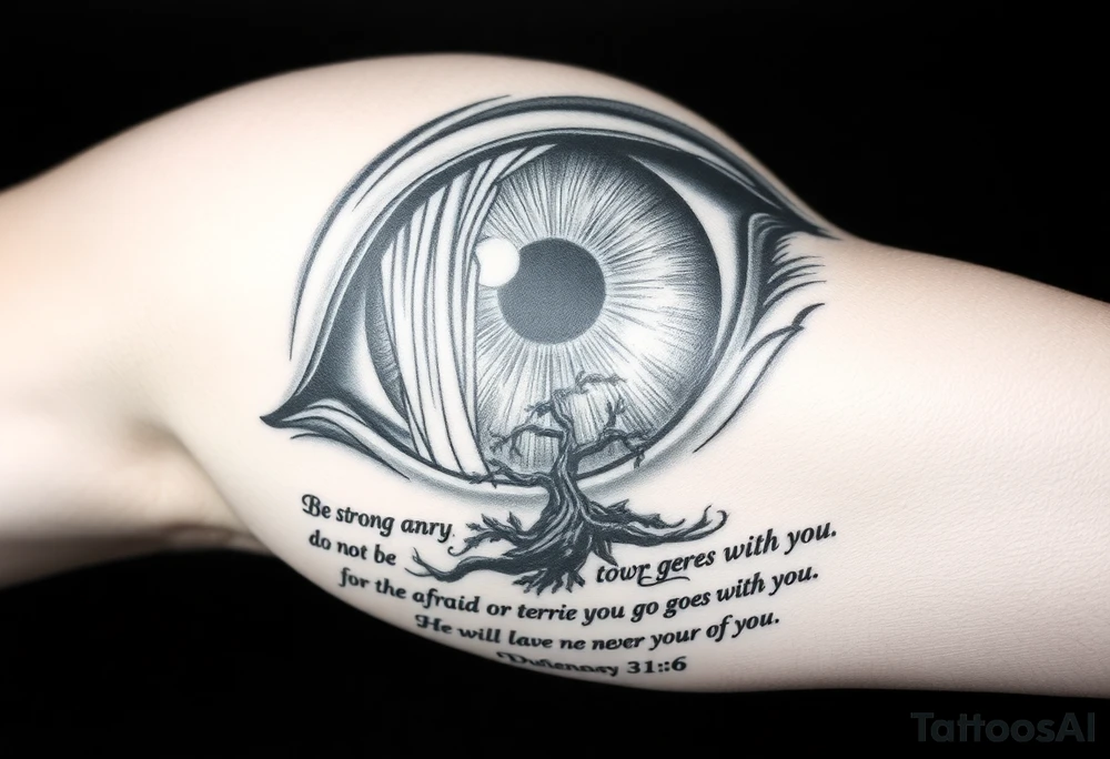 Realistic Eyeball with waterfall flowing out of it and under have a tree and under that have the verse Be strong and courageous. Do not be afraid or terrified
because of them, for the Lord your God goes with you; he will never leave you nor forsake you." Deuteronomy 31:6 tattoo idea