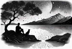 a night sky with leo and cancer constellation, mountains, a father and son with his dog and cat sitting by the water tattoo idea