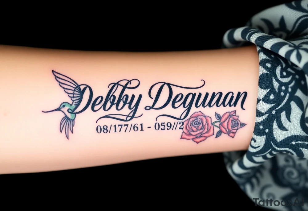 Tattoo of the exact name Debby Deguzman in chunky bold curly cursive with the exact dates of 08/17/61-05/29/25 surrounded by 1 hummingbird and 1 rose tattoo idea