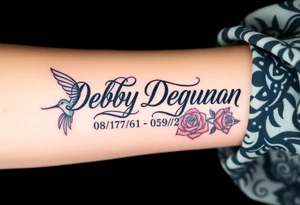 Tattoo of the exact name Debby Deguzman in chunky bold curly cursive with the exact dates of 08/17/61-05/29/25 surrounded by 1 hummingbird and 1 rose tattoo idea