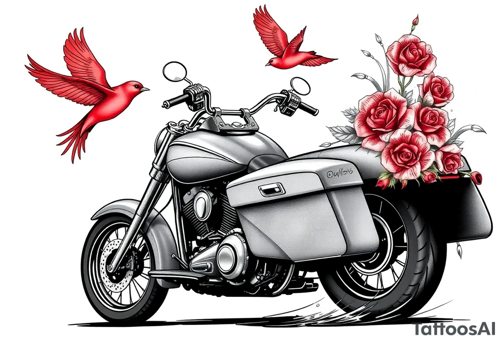 Harley grey motorcycle driving away, two red birds flying, roses and lace, flames tattoo idea