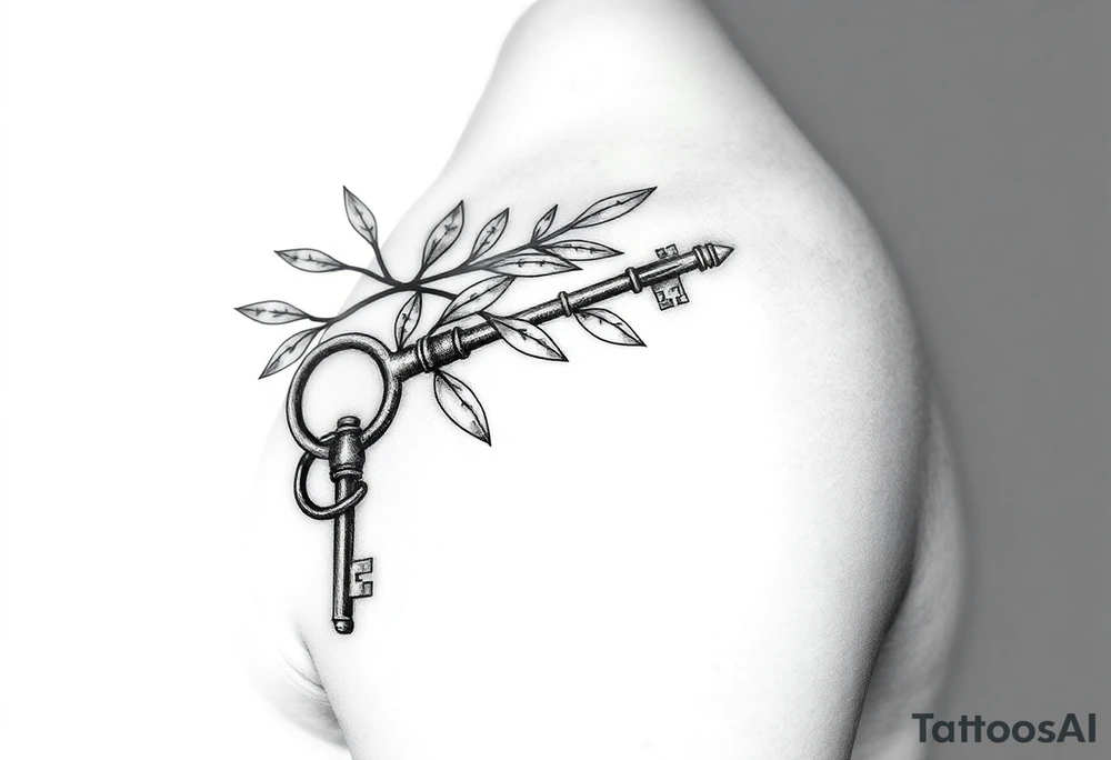 A metal key wrapped in olive leaves on the left arm tattoo idea