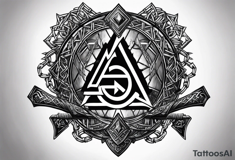 Valhalla sword shield axe Valknut barbed wire chains tattoo idea Valhalla sword shield axe Valknut barbed wire chains tattoo idea