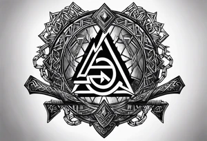 Valhalla sword shield  axe Valknut barbed wire chains tattoo idea