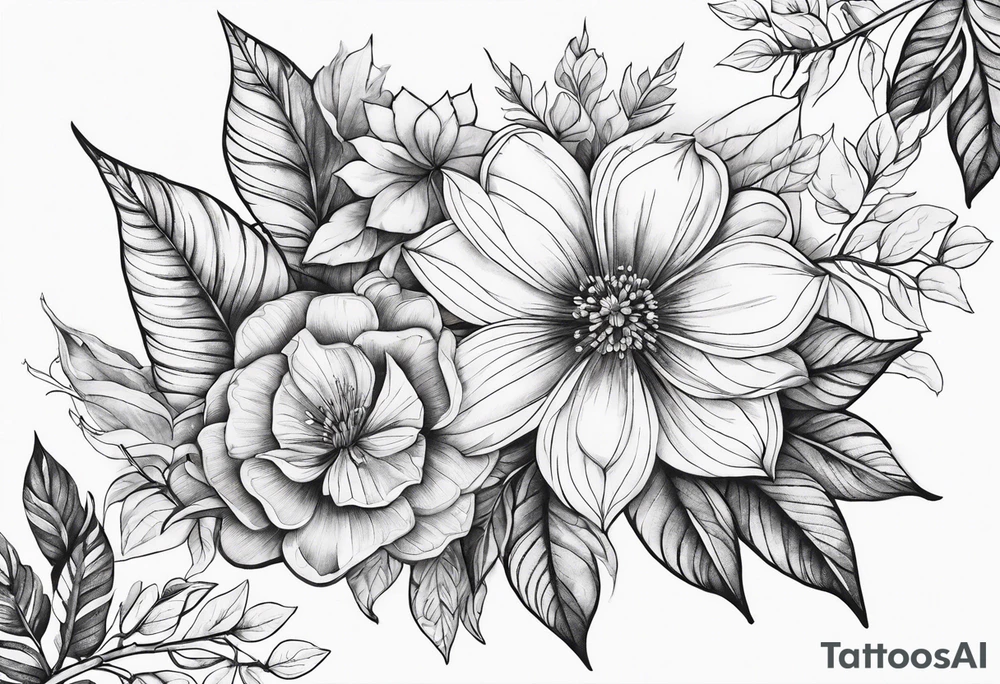 Leaves with Flower Details Long tattoo idea