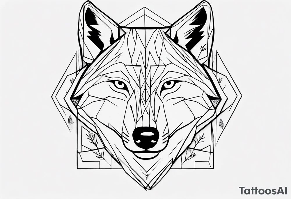 Wolf's face with geometric patterns flowing from it along with impressions of trees, a forest tattoo idea