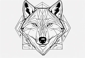Wolf's face with geometric patterns flowing from it along with impressions of trees, a forest tattoo idea