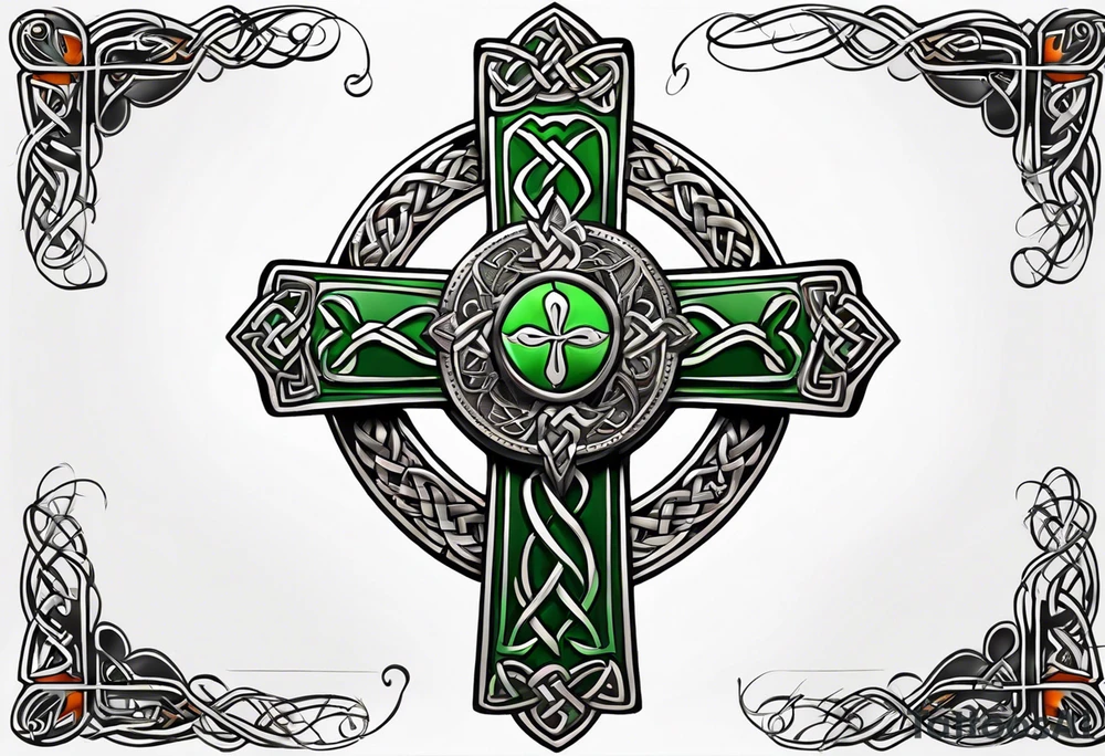 Celtic cross, shamrock in center, one feather hanging from each side of cross tattoo idea