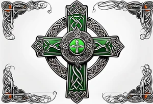 Celtic cross, shamrock in center, one feather hanging from each side of cross tattoo idea