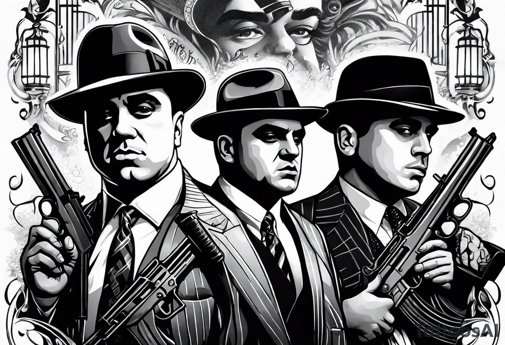 group of gangsters including Al Capone and bonnie and Clyde with machine guns surrounded by smoke and fire tattoo idea