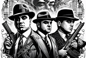 group of gangsters including Al Capone and bonnie and Clyde with machine guns surrounded by smoke and fire tattoo idea