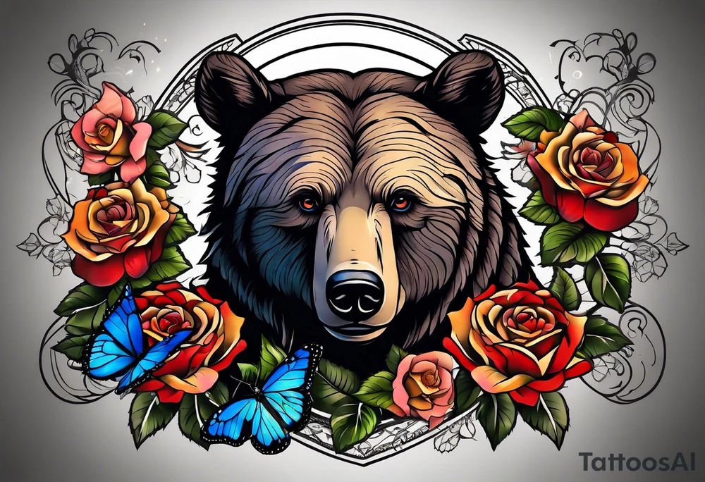 Bear under the tree of life with multiple colored roses and three butterflies for an upper arm tattoo. tattoo idea