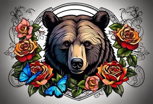 Bear under the tree of life with multiple colored roses and three butterflies for an upper arm tattoo. tattoo idea
