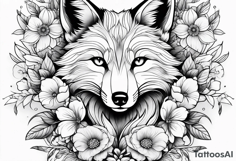 feminin minimalist flowers with fox full body tattoo idea