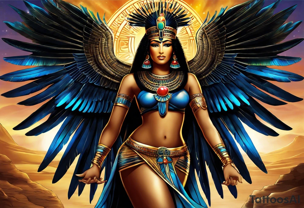 Egyptian goddess Isis, who is often depicted as a woman with outstretched wings, holding an ankh (a symbol of life) in one hand and a lotus flower in the other. Her headdress often includes a throne or a solar disk. The tattoo design can vary in style and size, but it typically aims to capture the essence of this revered Egyptian deity, emphasizing her beauty, power, and maternal qualities. The choice of colors and additional elements can also be customized to create a unique and visually striking representation of the goddess Isis. tattoo idea