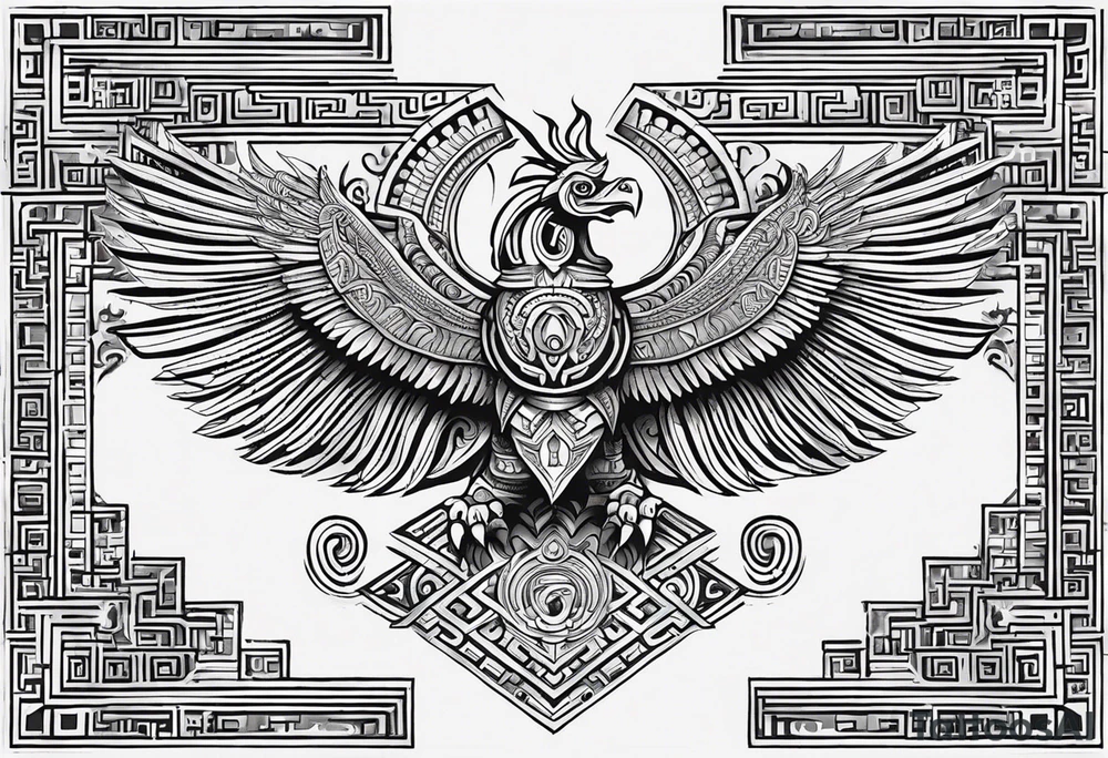 Design a masculine and fierce right chest tattoo of Quetzalcoatl, the Aztec feathered serpent god. Make Quetzalcoatl appear in mid-flight, with his powerful, feathered body coiling dynamically across the chest. His face should have sharp, intense features, with fierce, piercing eyes and serpent fangs bared. Incorporate traditional Aztec geometric patterns, like jagged lines and spirals, in the wings and tail, to emphasize strength and power. Use bold, black ink with subtle shading to give depth and texture, while ensuring the design stays sharp and aggressive. The feathers should appear sharp and stylized, giving an aura of both wisdom and danger. tattoo idea
