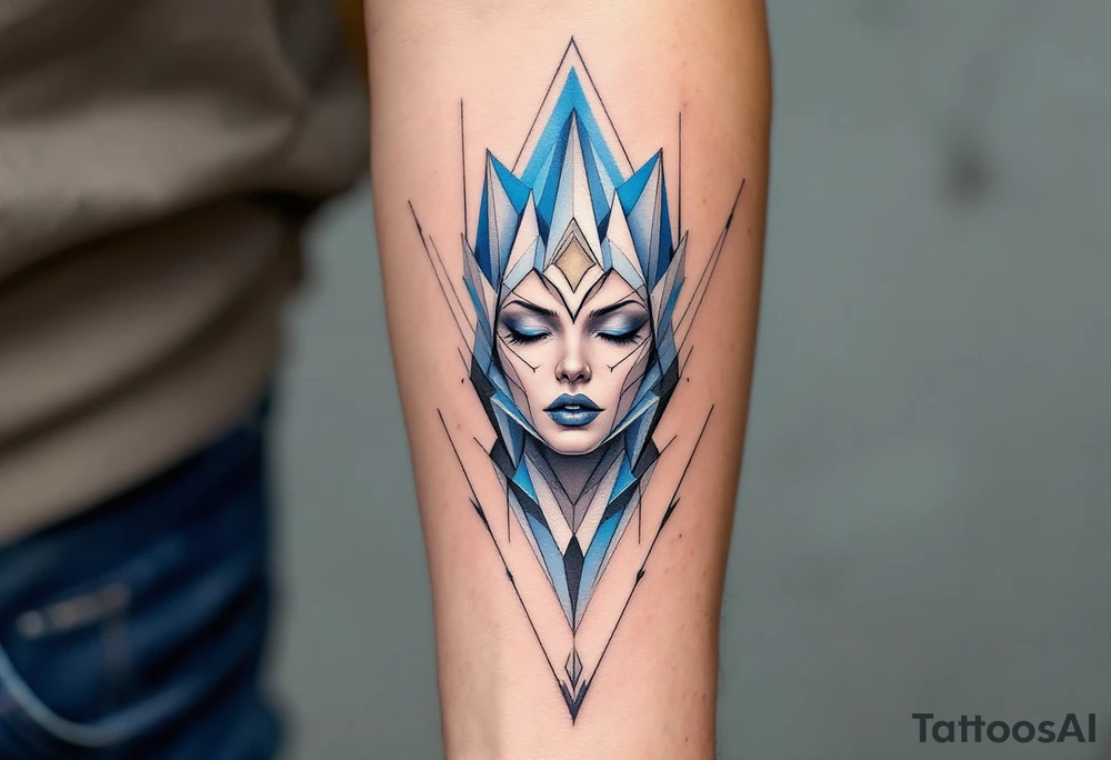 Jeanine’s cold, calculating nature captured through a geometric fractal design, with sharp lines extending outward from her figure. The background features shades of cool blue and silver, representing logic and control. Cool blue, silver, gray. tattoo idea