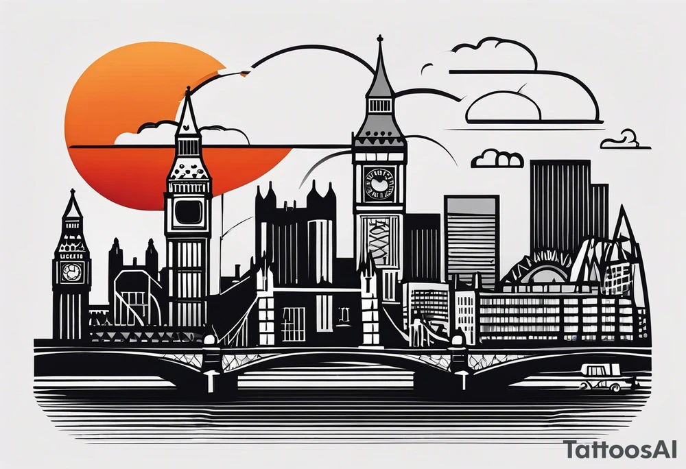 A minimalistic, abstract design capturing the architectural essence and vibe of London. Key elements of London’s skyline and structure are hinted at with clean lines, and subtle detailing includes personal touches, like a nod to Feid’s signature look (hat, glasses, mustache), integrated discreetly to honor a memorable concert experience. tattoo idea