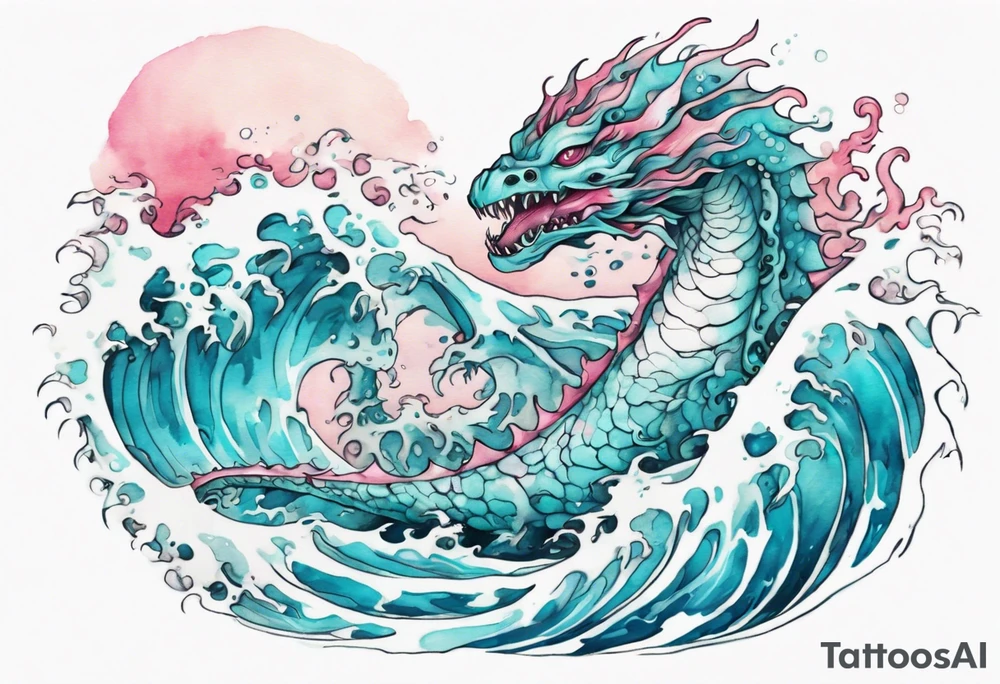 a beautiful turquoise and white and pink sea monster rising from the blue waves of the ocean tattoo idea