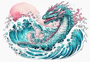 a beautiful turquoise and white and pink sea monster rising from the blue waves of the ocean tattoo idea