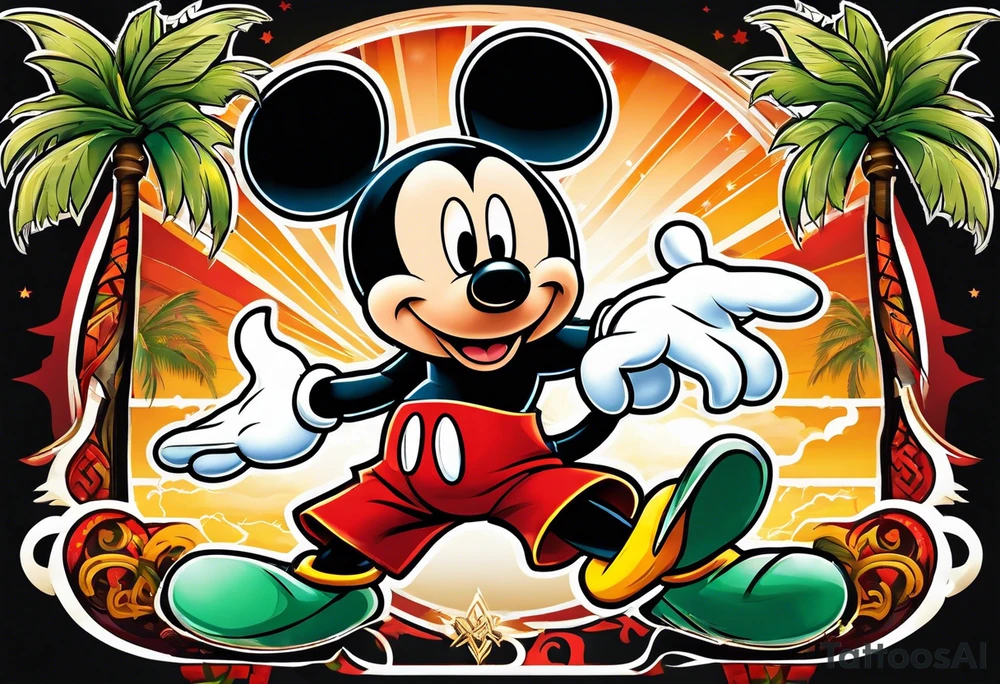 mickey mouse doing martial arts with palm trees, lightning storm and the celtic symbol for family tattoo idea