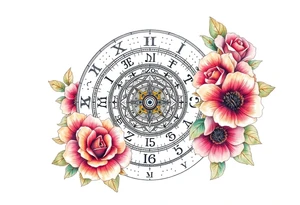 zodiac symbols and Norse runes within ornate clockwork mechanism with roses lilly sunflowers tattoo idea