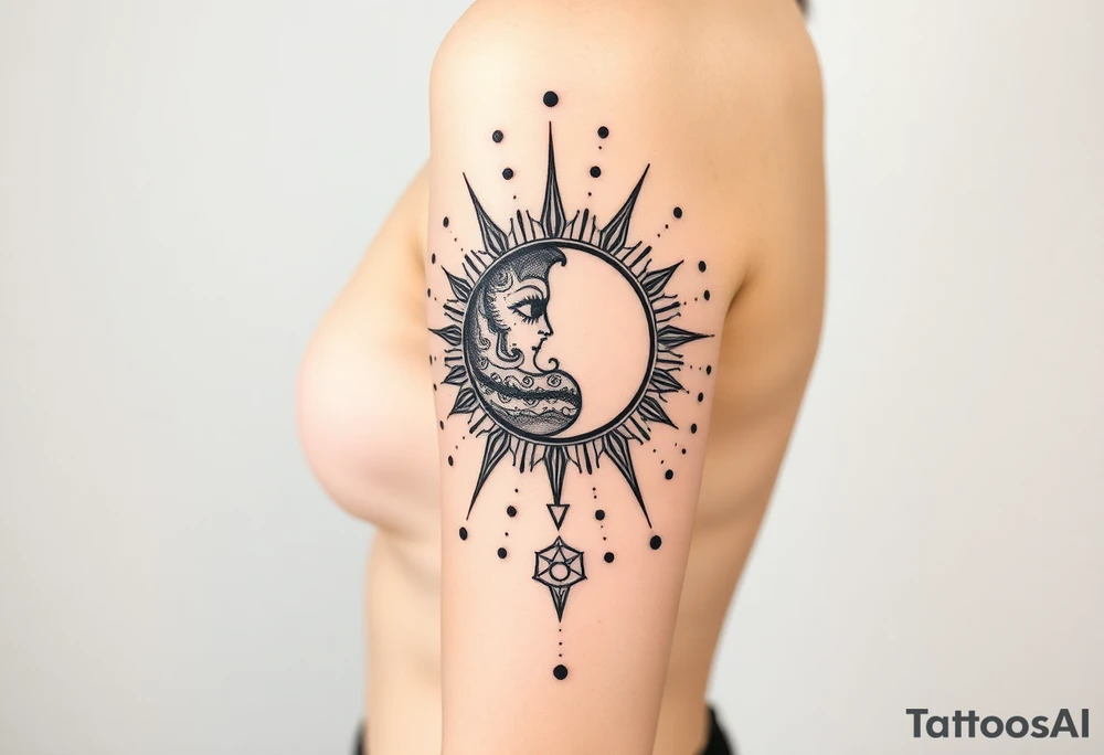 celestial sun and moon embrace with constellation patterns tattoo idea