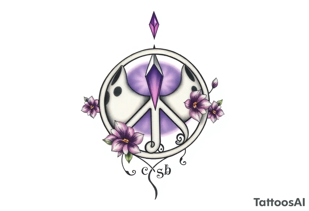 peace symbol with dog prints and purple inside, Pisces symbol, intertwined with violets, amethyst, initials csb in cursive font tattoo idea
