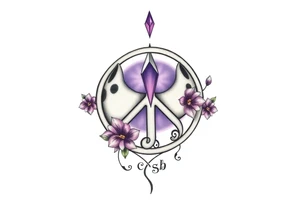 peace symbol with dog prints and purple inside, Pisces symbol, intertwined with violets, amethyst, initials csb in cursive font tattoo idea